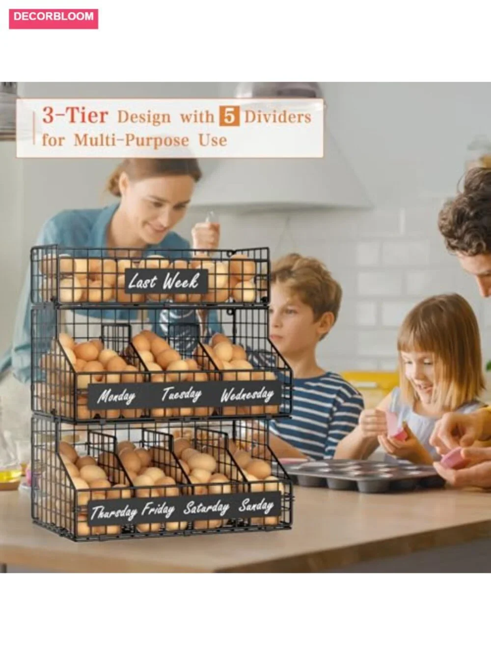 Egg Holder Countertop with 5 Dividers & DIY Nameplate, 3 Tier Stackable Wire